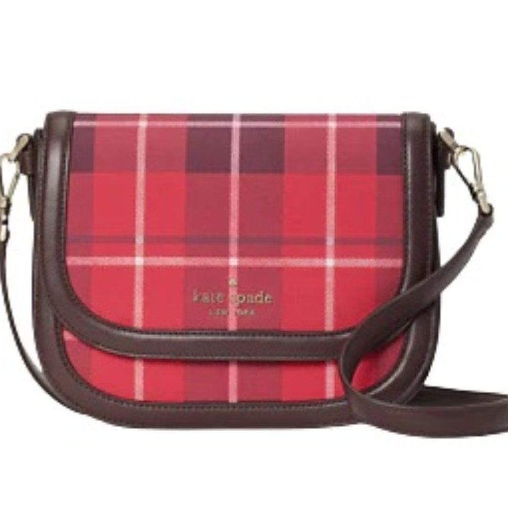 Kate Spade New York Blake Plaid Saddle Bag Cross Body Leather Shoulder Strap NWT - Picture 2 of 7